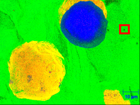 Figure B: Fe (green), C (blue), and Sn (yellow) SN Has Segregated to the Nodule/Iron/Interface