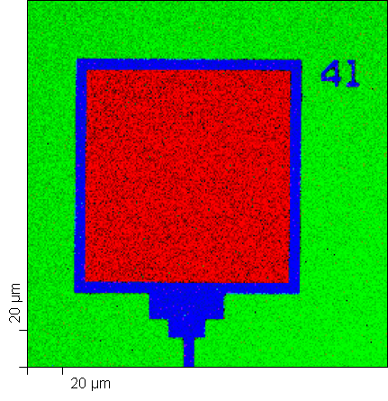 Color overlay of elemental silicon (green), silicide (red) and silicon oxynitride (blue) images created using the Linear Least Squares fitting algorithm in MultiPak to extract multiple silicon chemical state images from the elemental silicon image. Multiple Silicon Chemical State Image